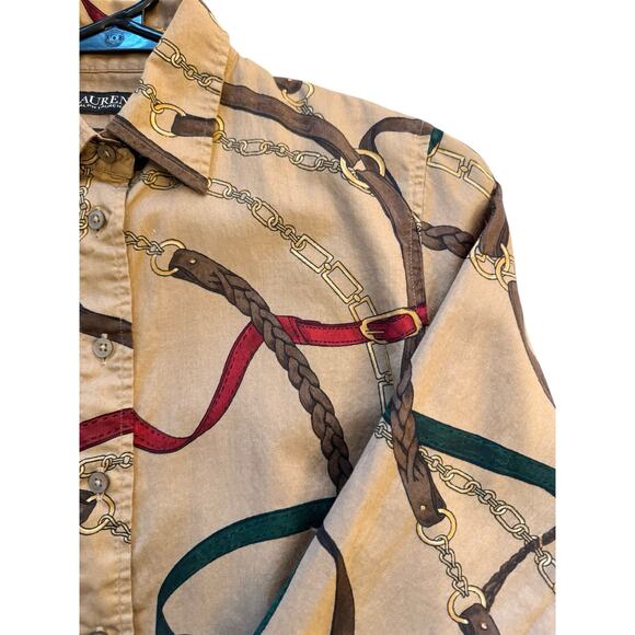 Lauren Ralph Lauren Black Label XS Belting Print Cotton Shirt Equestrian Blouse - Picture 4 of 10